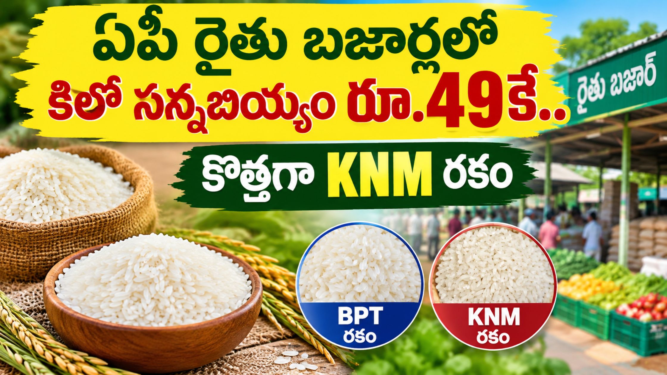 A kilo of rice is sold for Rs. 49 in AP farmers' markets.. New KNM type rice is being sold!